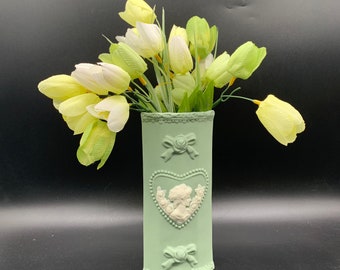 Green Bisque Jasperware Wall Pocket Vase Ivory Cameo