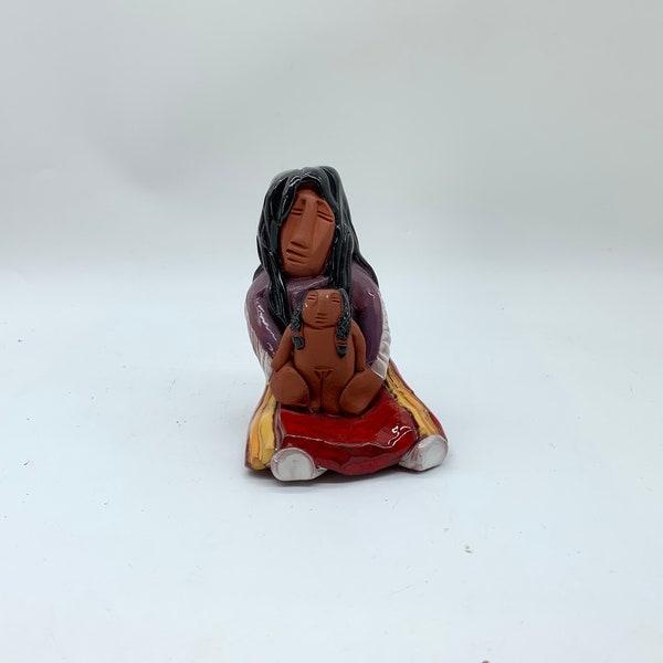 First Nations Mohawk Artist KEENA Handmade Red Clay Figure 1980s Mother Daughter