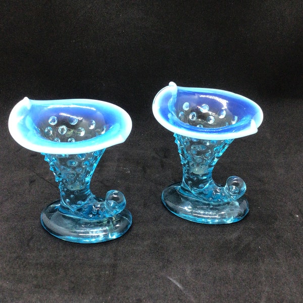 Pair of Vintage Fenton Turquoise Opalescent Cornucopia Horn of Plenty Vases Candle Holders Delicate 1950s