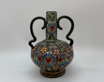 Antike Handgemalte Mexikanische Vase Spiralgriffe Florale Details
