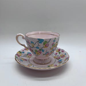 TUSCAN Fine Bone China Spring Florals Tea Cup/Saucer Set Circa 1930-1950 Pink Green Blue Made In England