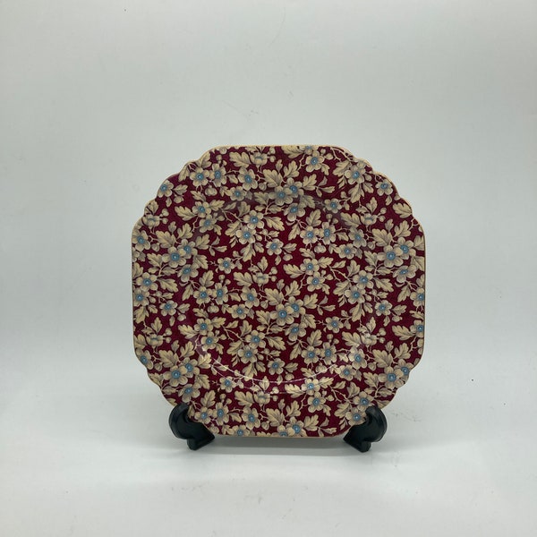 Lord Nelson Chintz Brocade Square 8” Salad Plate Deep Red Burgundy Floral Made in England Fine China