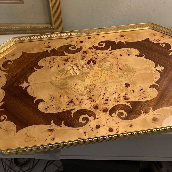 Italian Inlaid Wood Marquetry Serving Tray Sorrento Gold Tone Metal
