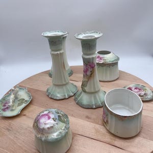 Tocador antiguo RS Alemania, juego de 9 piezas, colección rara, porcelana con diseño de rosas