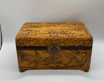 1950s  Bamboo Wood Hand Carved Chest Brass Hasp