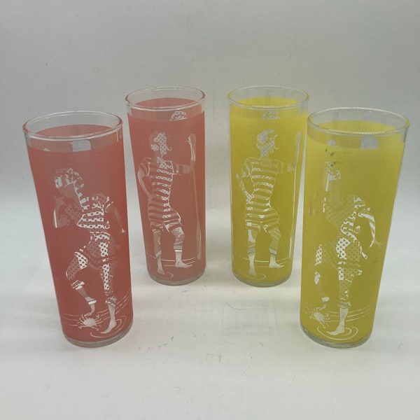 Vintage Bathing Beauties Pin Up Set of 4 Tom Collins Glasses 2 Yellow 2 Pink
