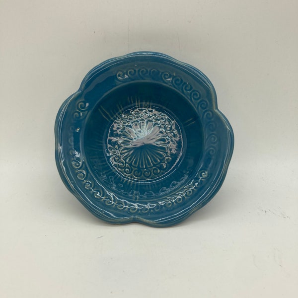 McCoy French Blue Glazed Pottery Bowl Plant Dish USA CIrca 1960 Embossed Swirl Design Scallop Lip Rim