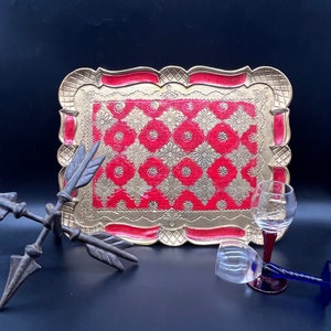 Italian Florentine Wood Tray Hand Painted Harlequin Red/Gold Vintage