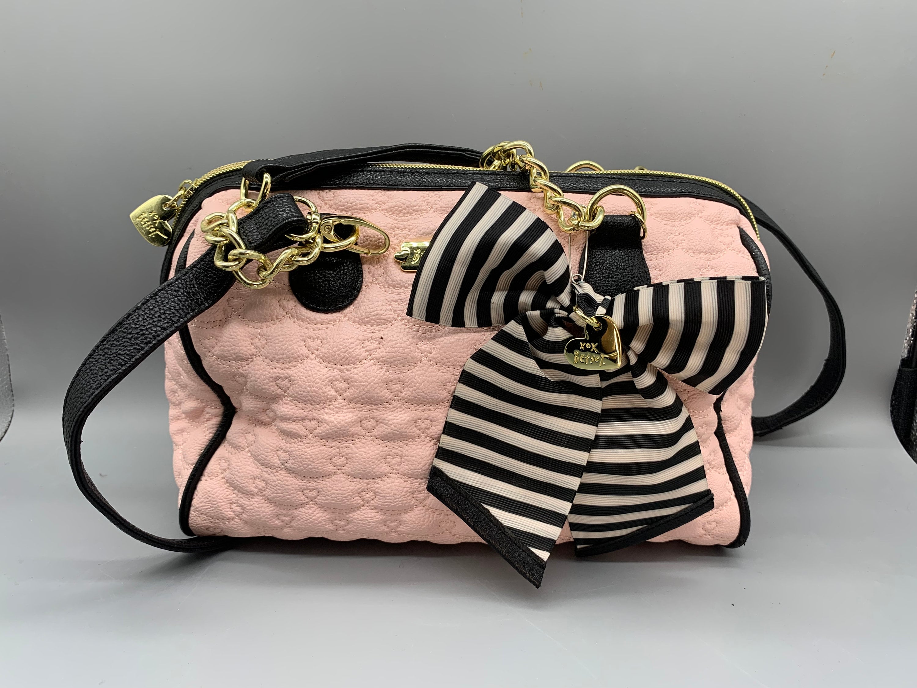 BETSEY JOHNSON Pink Quilted Handbag Black white Bow Gold Hardware Etsy UK