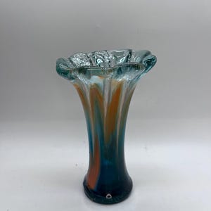 Blown Glass Vase Mid Century Orange/Blue/Aqua Swung Glass Sommerso Style Handmade