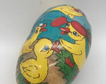 German Paper Mache Easter Egg 1950s Vintage Candy Container Chicks at Play