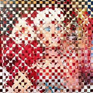 May include: A woven artwork featuring a portrait of a person with blue eyes. The piece is constructed from small, colorful squares, creating a pixelated effect. Red, white, and black are the dominant colors, with hints of other hues.
