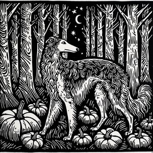 May include: Black and white linocut print of a Borzoi dog in a forest with pumpkins. The dog is standing among several pumpkins, with trees in the background. The night sky features a crescent moon and stars.