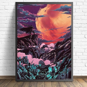 May include: A digital art print featuring a dark figure standing on a cliff overlooking a landscape with a large, red moon in the sky. The figure is silhouetted against the moon and the sky is filled with clouds. The landscape is covered in a layer of fog and there are many trees and rocks in the foreground.