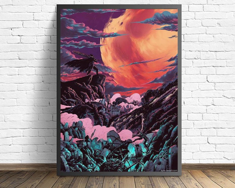 May include: A digital art print featuring a dark figure standing on a cliff overlooking a landscape with a large, red moon in the sky. The figure is silhouetted against the moon and the sky is filled with clouds. The landscape is covered in a layer of fog and there are many trees and rocks in the foreground.