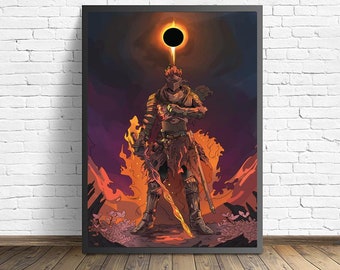 Könnte beinhalten: Eine digitale Illustration eines Ritters in Rüstung, der in einer feurigen Landschaft steht. Der Ritter trägt einen Helm mit einer roten Feder und einen dunkelroten Umhang. Der Ritter hält ein Schwert in der einen Hand und einen Schild in der anderen. Der Hintergrund ist ein dunkelroter und orangefarbener Himmel mit einer großen, schwarzen Sonne in der Mitte.