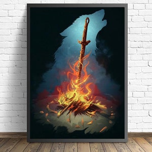May include: A digital art print featuring a wolf silhouette with a sword and a campfire in the foreground. The wolf is outlined in blue and the campfire is orange and yellow.
