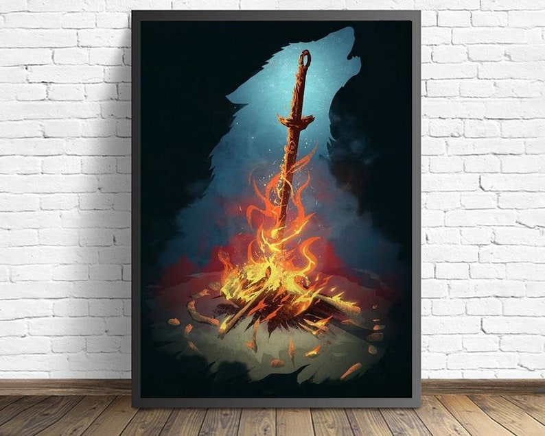 May include: A digital art print featuring a wolf silhouette with a sword and a campfire in the foreground. The wolf is outlined in blue and the campfire is orange and yellow.