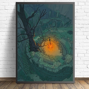 May include: A digital illustration of a bonfire with a sword sticking out of the flames. The bonfire is surrounded by stone walls and a large tree. The scene is set in a dark, forest-like environment.