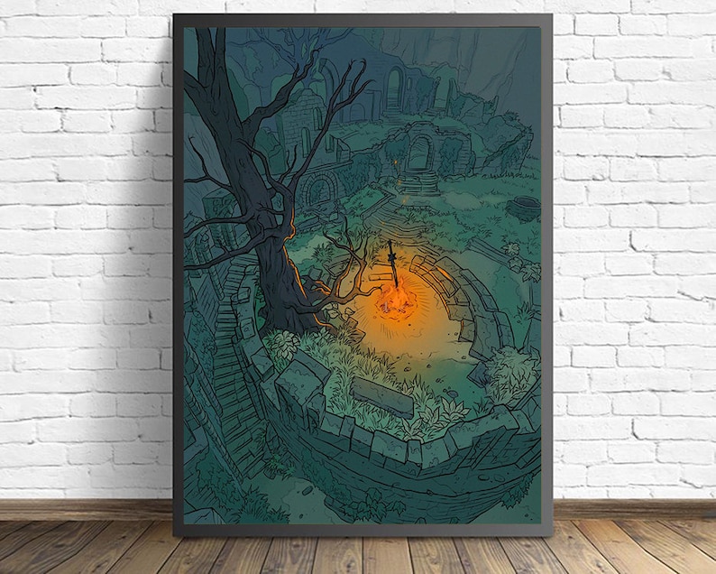 May include: A digital illustration of a bonfire with a sword sticking out of the flames. The bonfire is surrounded by stone walls and a large tree. The scene is set in a dark, forest-like environment.