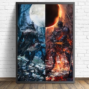 May include: A digital art print featuring two figures, one in dark clothing with a hood, standing in a snowy landscape with a crescent moon, and the other in armor, standing in a fiery landscape with a red eclipse.