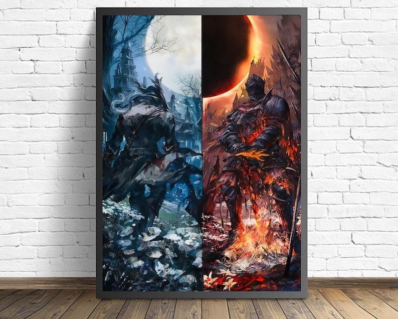 May include: A digital art print featuring two figures, one in dark clothing with a hood, standing in a snowy landscape with a crescent moon, and the other in armor, standing in a fiery landscape with a red eclipse.