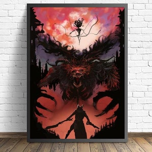 May include: A digital art print featuring a dark, shadowy figure with glowing red eyes, standing in front of a large, monstrous creature with sharp teeth and claws. The creature is surrounded by a red and purple sky, and there is a smaller, shadowy figure floating above it.