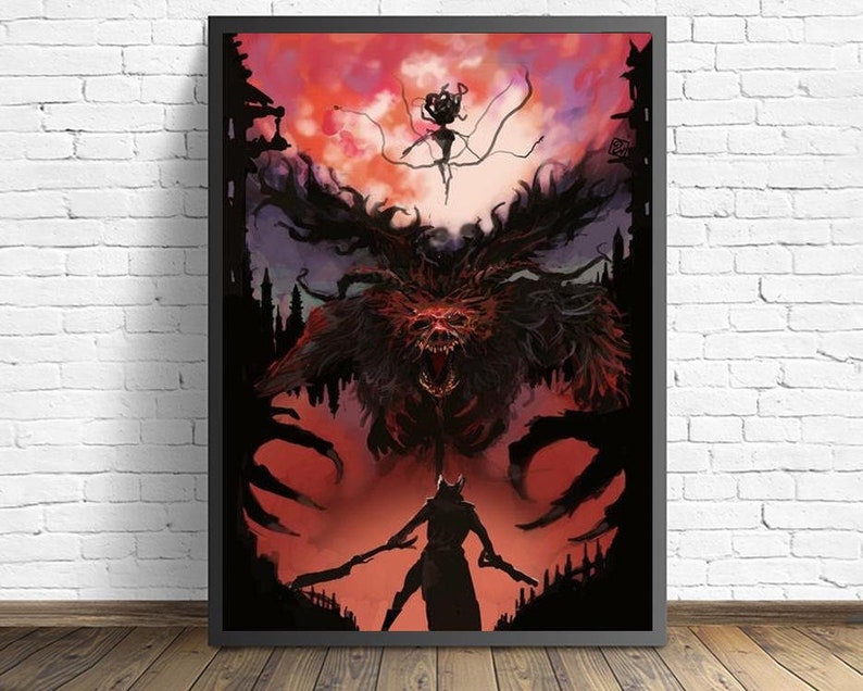 May include: A digital art print featuring a dark, shadowy figure with glowing red eyes, standing in front of a large, monstrous creature with sharp teeth and claws. The creature is surrounded by a red and purple sky, and there is a smaller, shadowy figure floating above it.