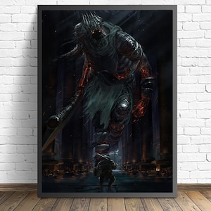 May include: A dark fantasy illustration of a large, armored figure with a glowing red face and a sword. The figure is standing over a smaller, cloaked figure.