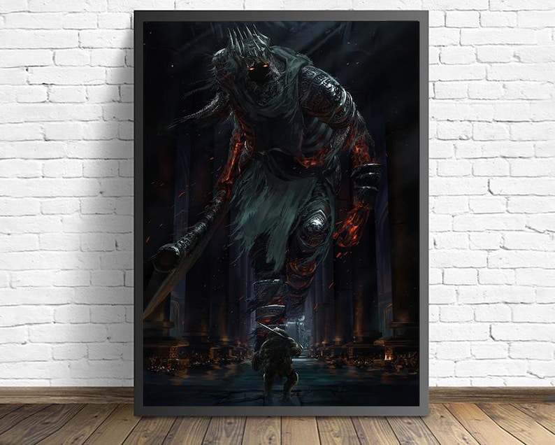 May include: A dark fantasy illustration of a large, armored figure with a glowing red face and a sword. The figure is standing over a smaller, cloaked figure.