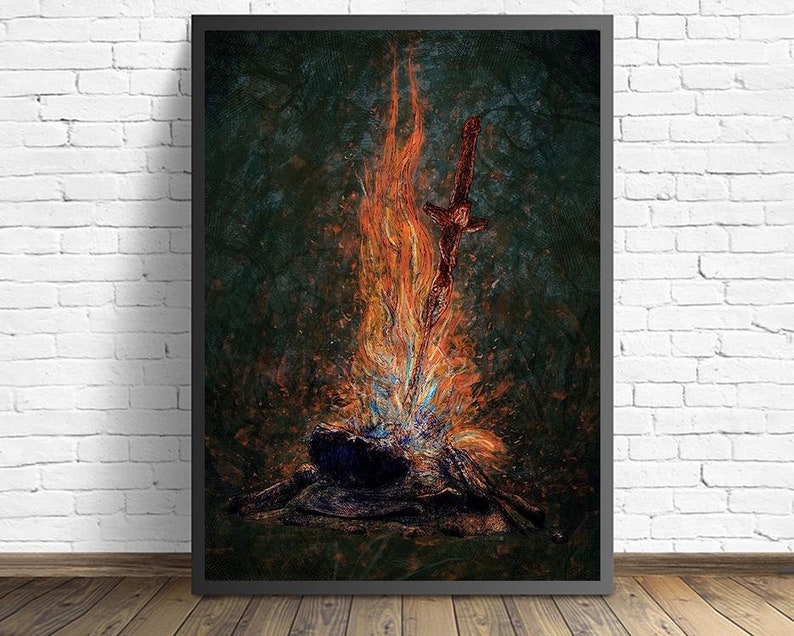 May include: A digital painting of a fiery orange and blue bonfire with a wooden sword sticking out of the top. The fire is set against a dark green background.