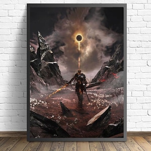 May include: A digital art print of a dark fantasy scene featuring a lone figure in armor standing in a desolate landscape. The figure is holding a sword and is looking towards a large, dark sun in the sky. The scene is filled with a sense of loneliness and despair.