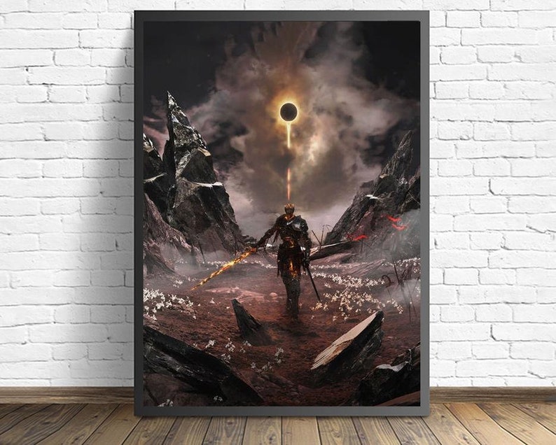 May include: A digital art print of a dark fantasy scene featuring a lone figure in armor standing in a desolate landscape. The figure is holding a sword and is looking towards a large, dark sun in the sky. The scene is filled with a sense of loneliness and despair.