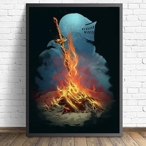 May include: A digital art print featuring a silhouette of a knight holding a sword, standing in front of a large bonfire. The flames are orange and yellow, and the background is a dark blue.