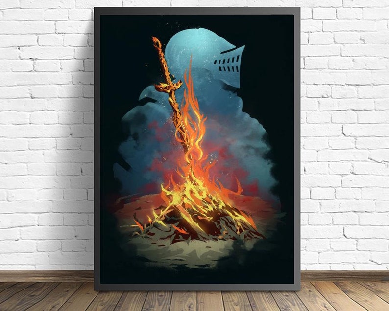 May include: A digital art print featuring a silhouette of a knight holding a sword, standing in front of a large bonfire. The flames are orange and yellow, and the background is a dark blue.