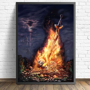 May include: A digital painting of a flaming sword, with a skull and bones at the base of the flames. The sword is pointed upwards, and the flames are reaching towards a dark sky with a moon and stars. The background is a dark, gothic castle.