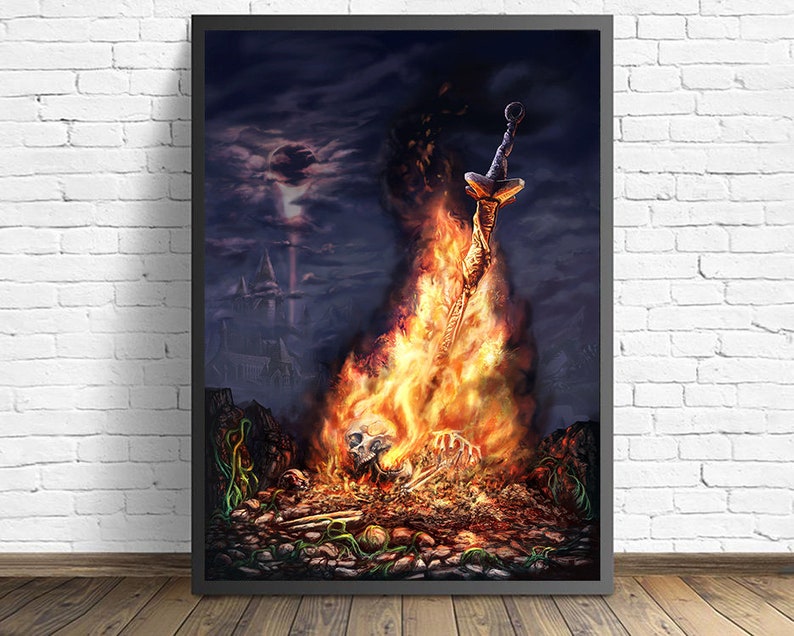 May include: A digital painting of a flaming sword, with a skull and bones at the base of the flames. The sword is pointed upwards, and the flames are reaching towards a dark sky with a moon and stars. The background is a dark, gothic castle.