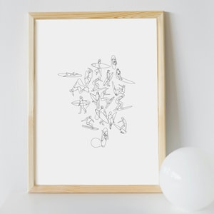May include: A black and white line drawing of multiple surfers in various poses on waves. The drawing is framed in a light wood frame.