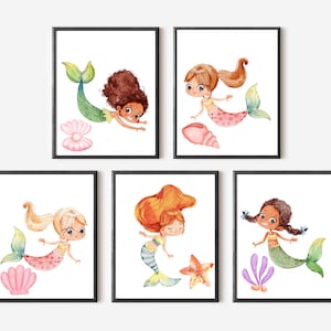 Set of 5 Cute Mermaid Prints | Magical Beings | Girls Bedroom | Nursery Artwork |Home Prints | *Digital Download*