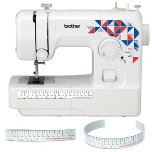 May include: White Brother L14S sewing machine with a geometric pattern in red, blue, and white. The machine has a built-in ruler and a dial for stitch selection.