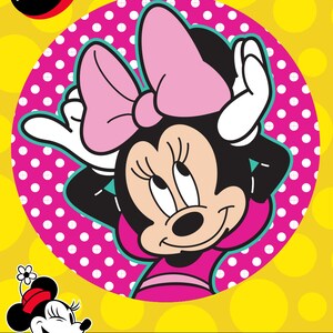 May include: A pink and black Minnie Mouse character with a large pink bow on her head. The character is on a pink background with white polka dots. The text "Disney Minnie Mouse" and "ADHESIVE FABRIC TISSU ADHÉSIF TELA ADHESIVA" is below the character.