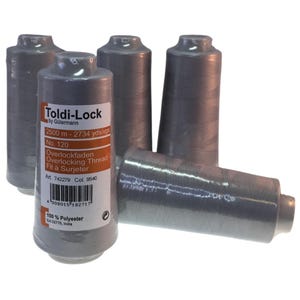 May include: Four spools of grey overlocking thread, each spool is labelled "Toldi-Lock by Gütermann" and has the following information: 2500m - 2734 yds/vgs, No. 120, Overlockfaden, Overlocking Thread, Fil à Surjeter, Art 742279 Col. 9540, 100% Polyester, CA 02776, India.