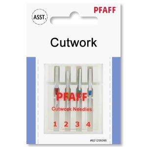 May include: A pack of Pfaff Cutwork Needles. The white packaging features the word "Cutwork" in black. The needles are in a clear plastic case, with the brand name "Pfaff" in red. The needles are numbered 1-4 with coloured tips.