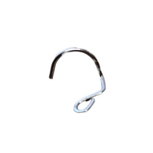 May include: A silver metal hook with a curved shape.