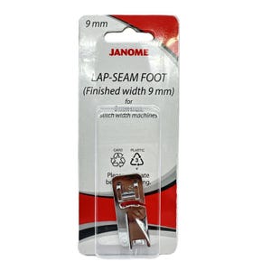 May include: A Janome Lap-Seam Foot for sewing machines, packaged in a clear plastic and card. The package is white and red, with the text "LAP-SEAM FOOT (Finished width 9 mm)". The foot is made of shiny metal.