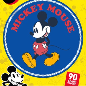 May include: A round blue and white sticker with a white rope border. The sticker features a cartoon image of Mickey Mouse walking and the text "MICKEY MOUSE". The sticker also includes the text "90 YEARS OF MAGIC" and "ADHESIVE FABRIC TISSU ADHÉSIF TELA ADHESIVA".