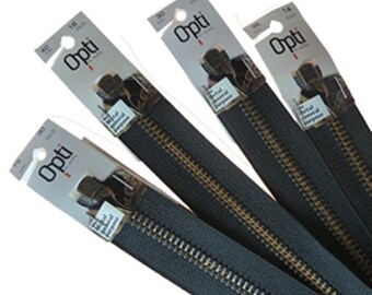 May include: Multiple Opti brand zippers in various lengths, including 30, 35.5, 40.5, and 76 cm. The zippers are black with brass-coloured teeth and are packaged on white and grey cardboard.