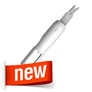 May include: A white tool with a red ribbon that says "new" on it. The tool is shaped like a pen and has a sharp point at the end.