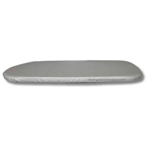 May include: A grey ironing board cover with a slightly rounded shape. The cover is made of a smooth, wrinkle-resistant fabric. The text "sewingmachinesales.co.uk" is printed on the cover.