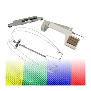 May include: A sewing machine attachment for creating decorative stitches on fabric. The attachment includes a metal hoop, a metal arm with a needle, and a base with a control panel. The fabric is shown in four colours: yellow, green, blue, and red.